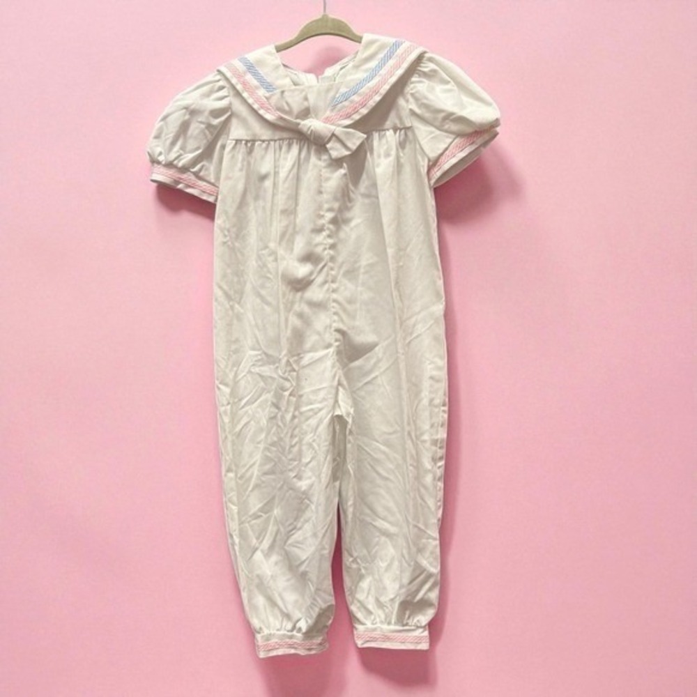 Fischer Price Baby Girls White Sailor Romper Jumpsuit Bow Pink Blue Trim